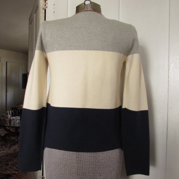 BANANA REPUBLIC Gray Cream and Navy Blue Stripe Cardigan with Leather Trim - Picture 4 of 6